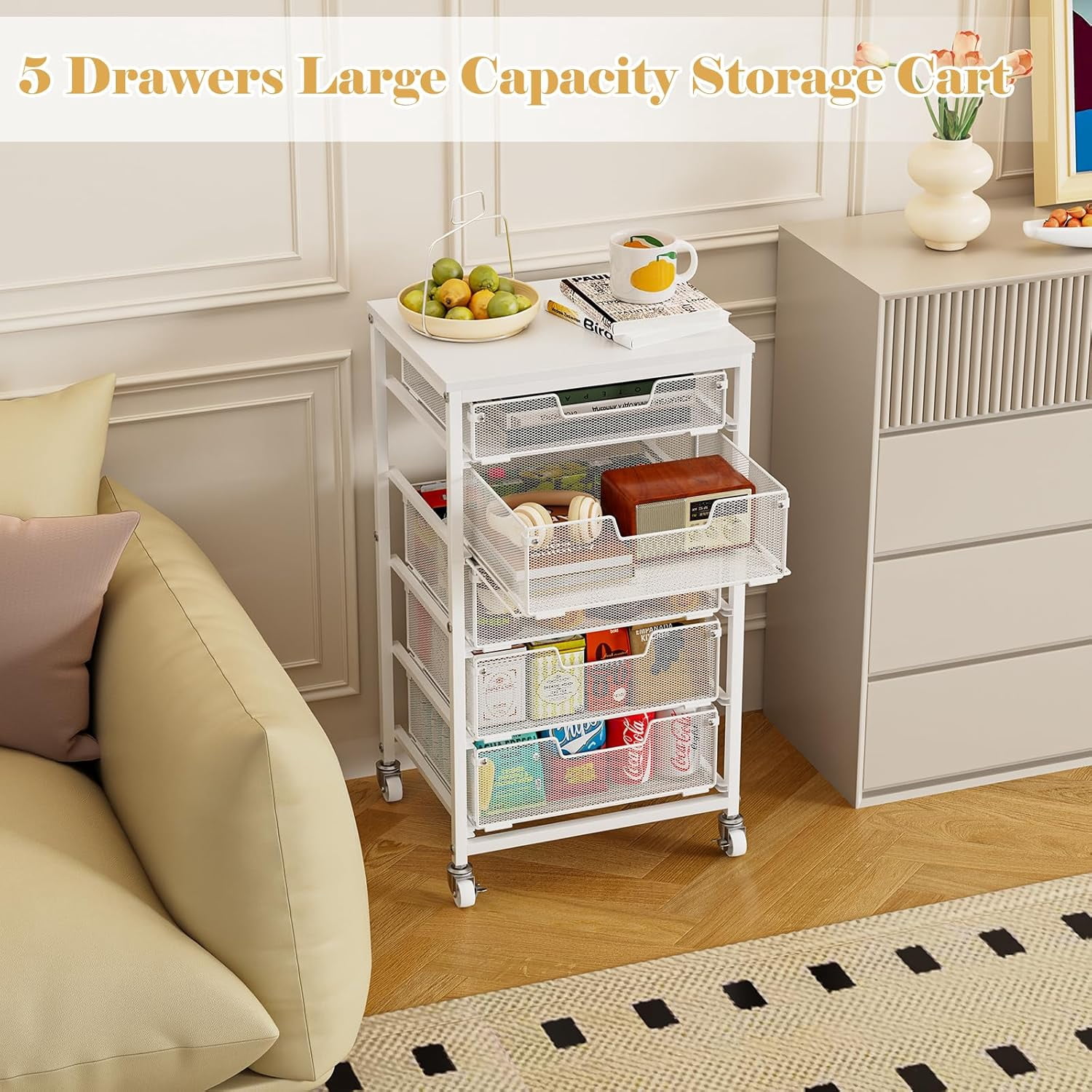 X-COSRACK 5-Drawer Rolling Storage Cart with Wooden Tabletop, Metal Mesh Utility Craft Organizer with Lockable Wheels for Office, Classroom, Bedroom & Salon, White