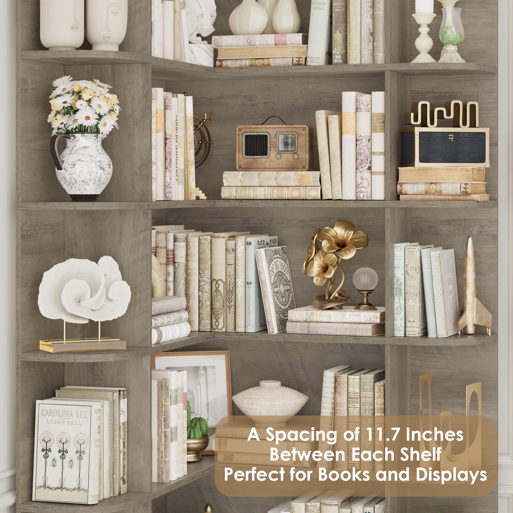 Homfa 73.9” Tall Corner Bookshelf, 6 Tier L-Shaped Large Display Bookcase with Curved Edges for Living Room Home Office Study, Gray