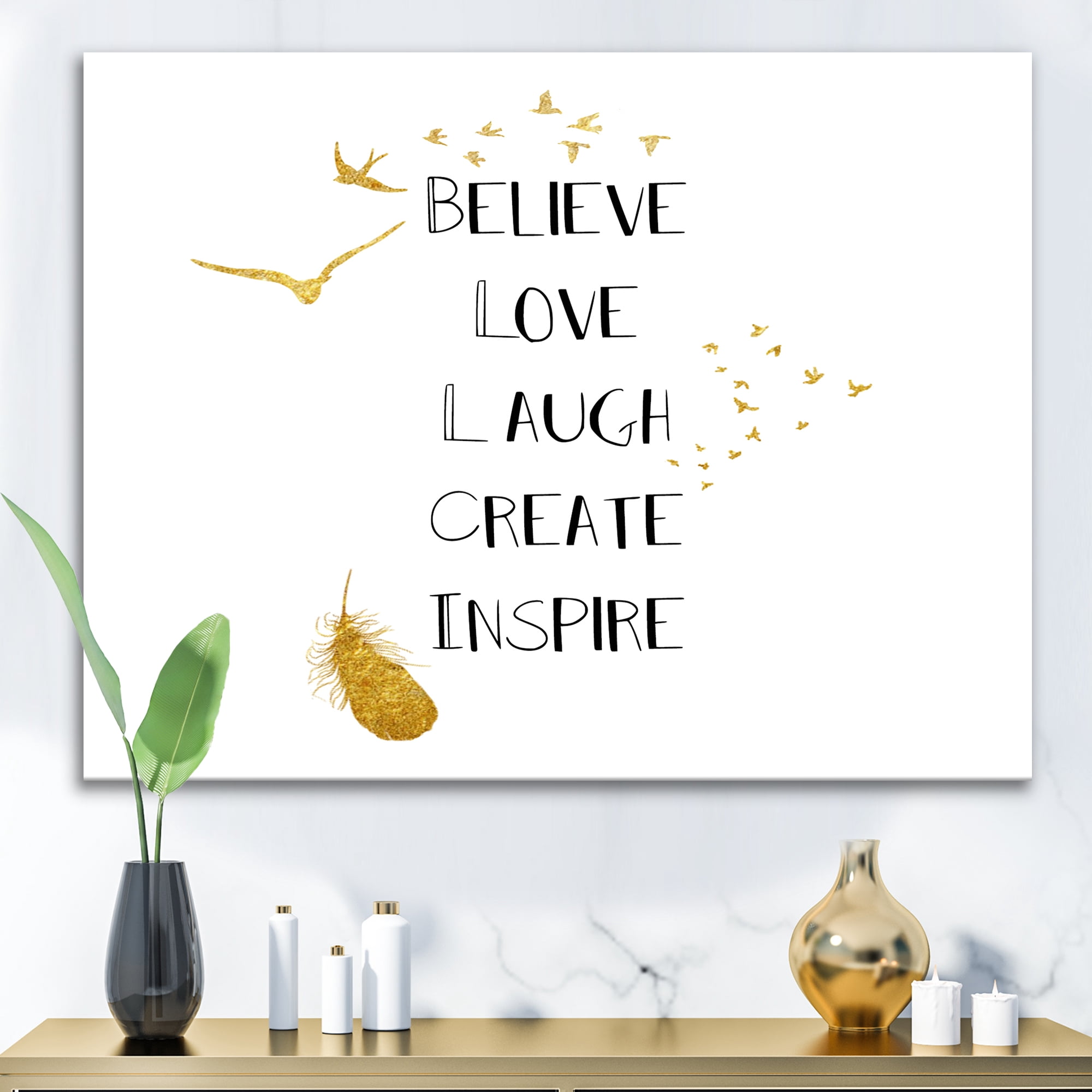 Designart ' Inspirational Quote On Gold and White ' Traditional Canvas Wall Art Print