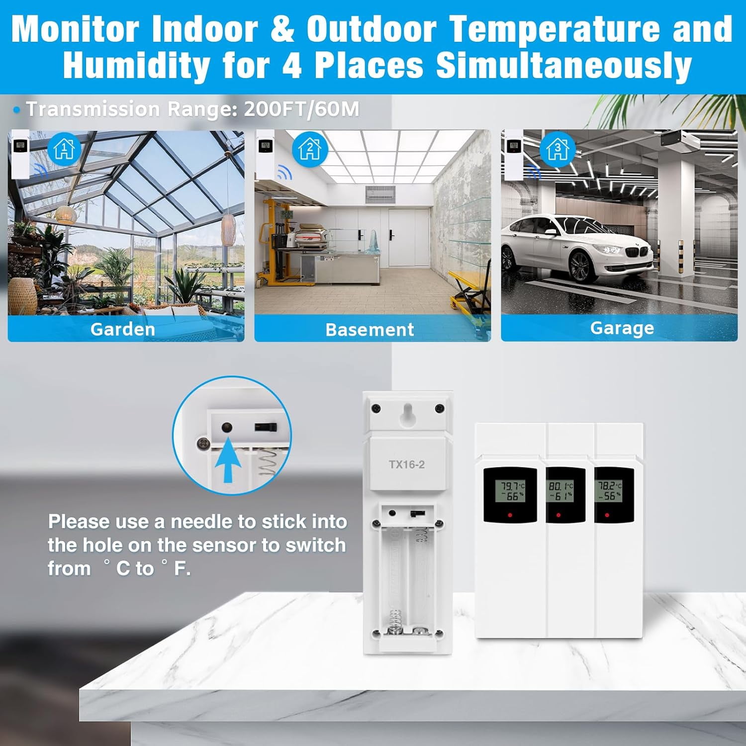 Weather Station Wireless Indoor Outdoor Thermometer 3 Sensors, Color Display Digital Temperature Humidity Monitor with Barometer, Calendar, USB Charge and Adjustable Backlight