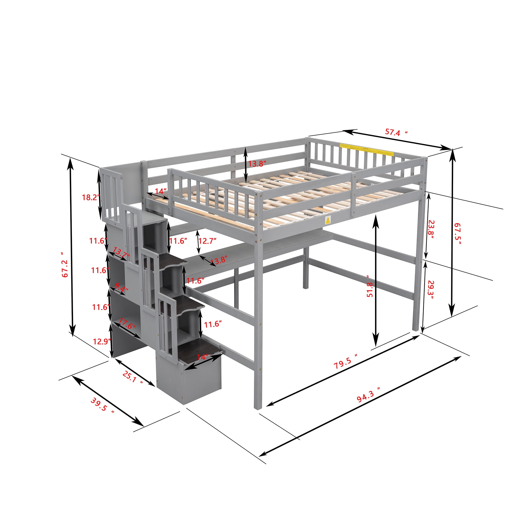 Leumius Full Size Loft Bed with Safety Guardrail, Wood Loft Bed with Desk, Storage Shelves and Staircase for Boys Girls Grey