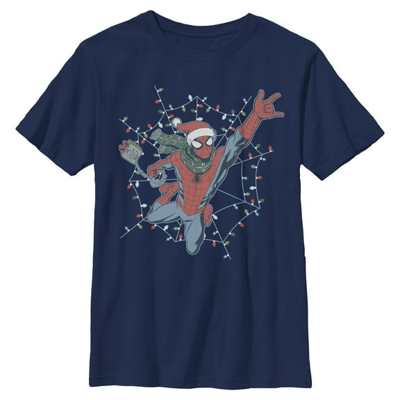 Boys Marvel Christmas Lights Web Swing T Shirt