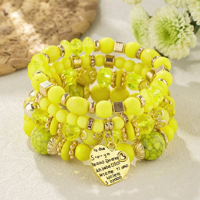 Pulsera multicapa de estilo bohemio popular de moda europea y americana con cuentas de corazón de melocotón de cristal, joyería de mano para mujer
