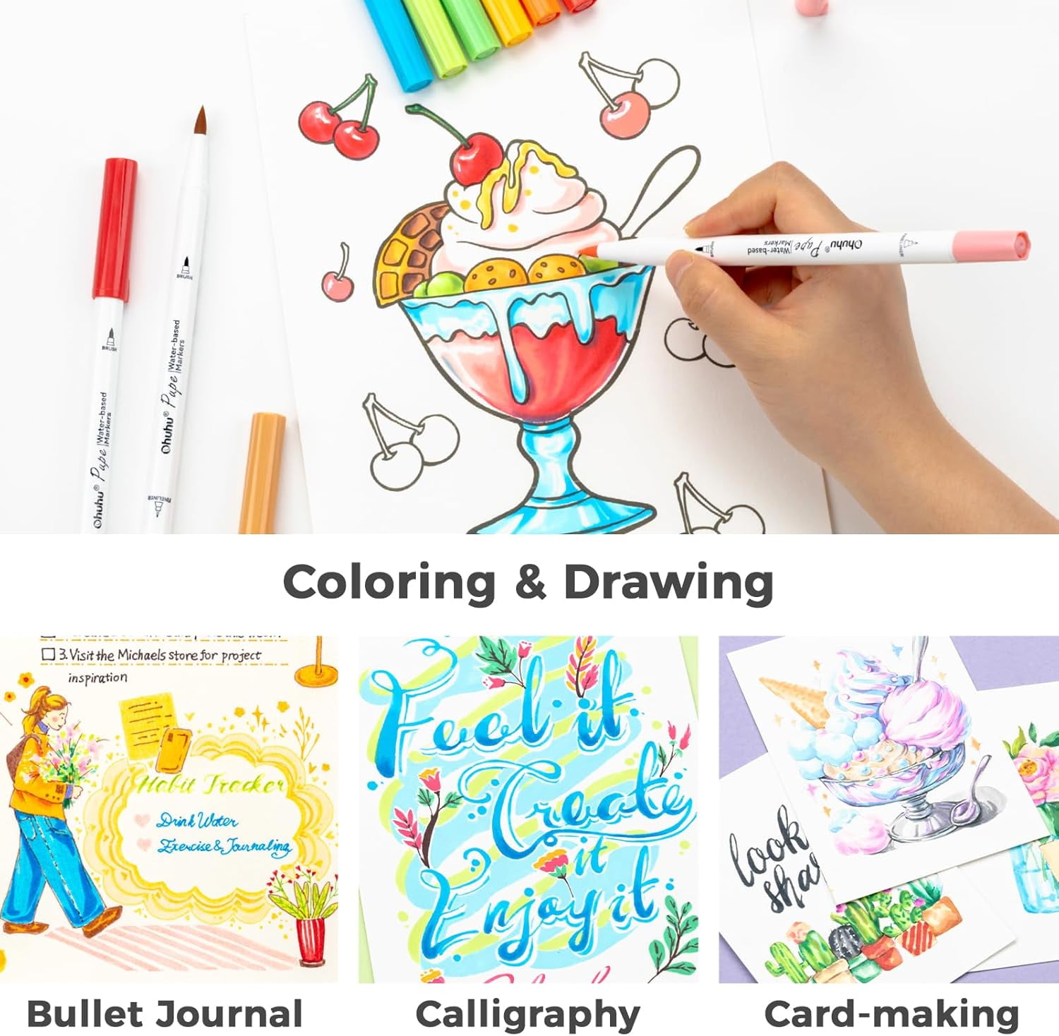 Ohuhu 60 Water-Based Dual Tip Markers, Brush & Fineliner, No Bleed for Calligraphy & Coloring