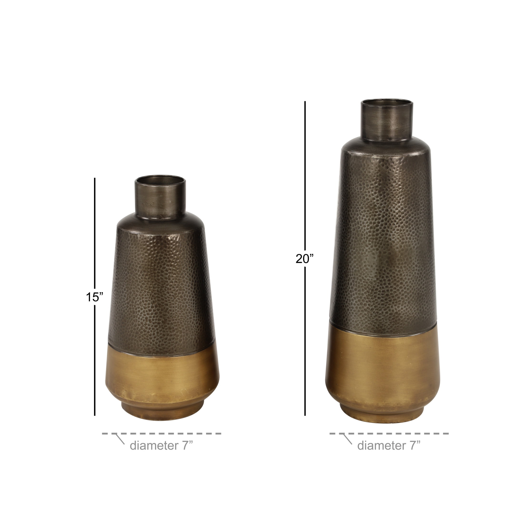 DecMode 20", 15"H Dark Gray Metal Vase with Gold Base, Set of 2