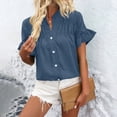 thumbnail image 5 of Timegard Tops for Women Ruched Ruffle Short Sleeve Stand Collar Shirts Casual Loose Button up Blouse, 5 of 5
