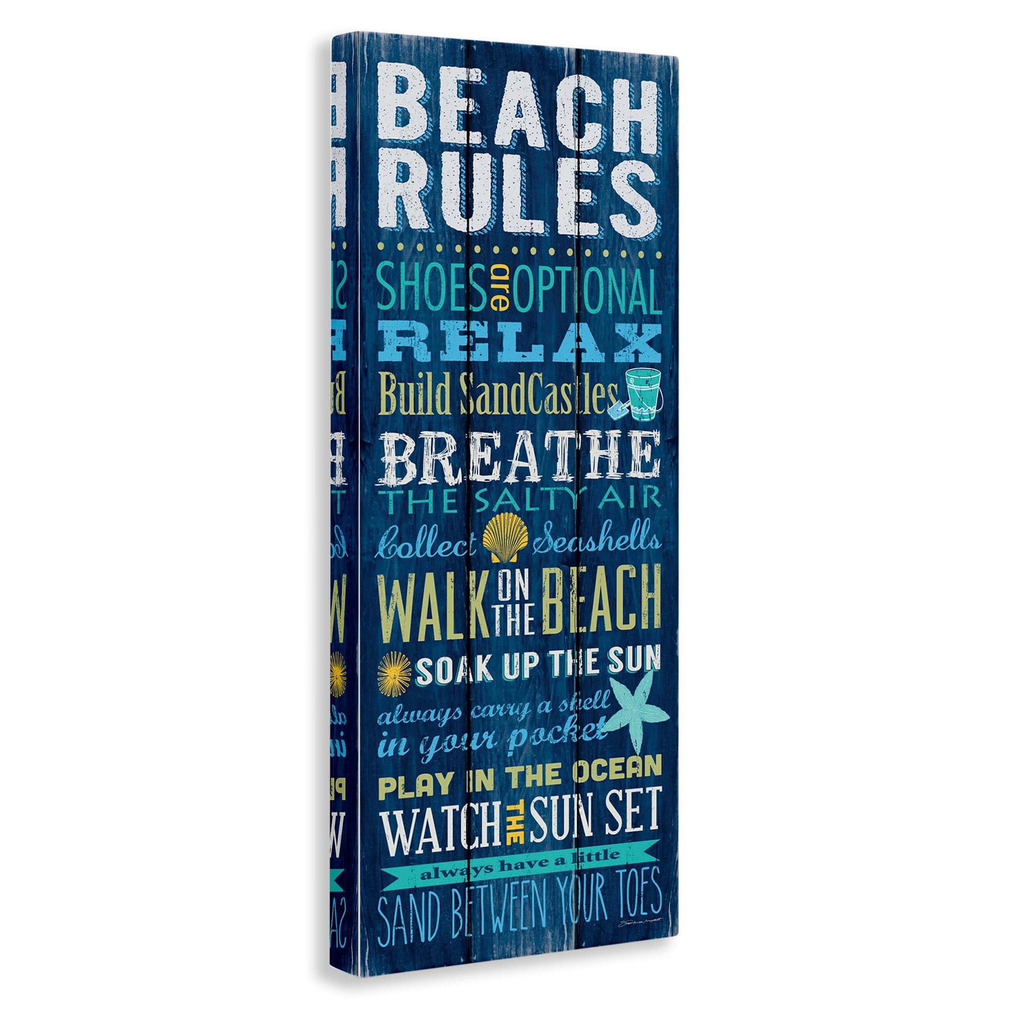 Stupell Industries Beach Rules Sign Blue Planked Pattern Motivational Phrases, 20 x 48, Design by Stephanie Workman Marrott