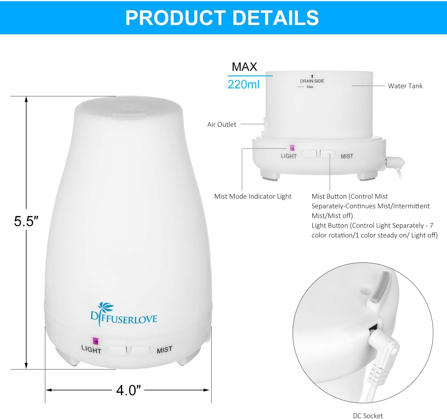 1 Humidifiers For Bedroom, Essential Oil Diffuser, With 6 Bottles of Essential Oil , 7-Color Lighting, Automatic Shut-Off, Home Aromatherapy, Suitable For Bedrooms And Offices