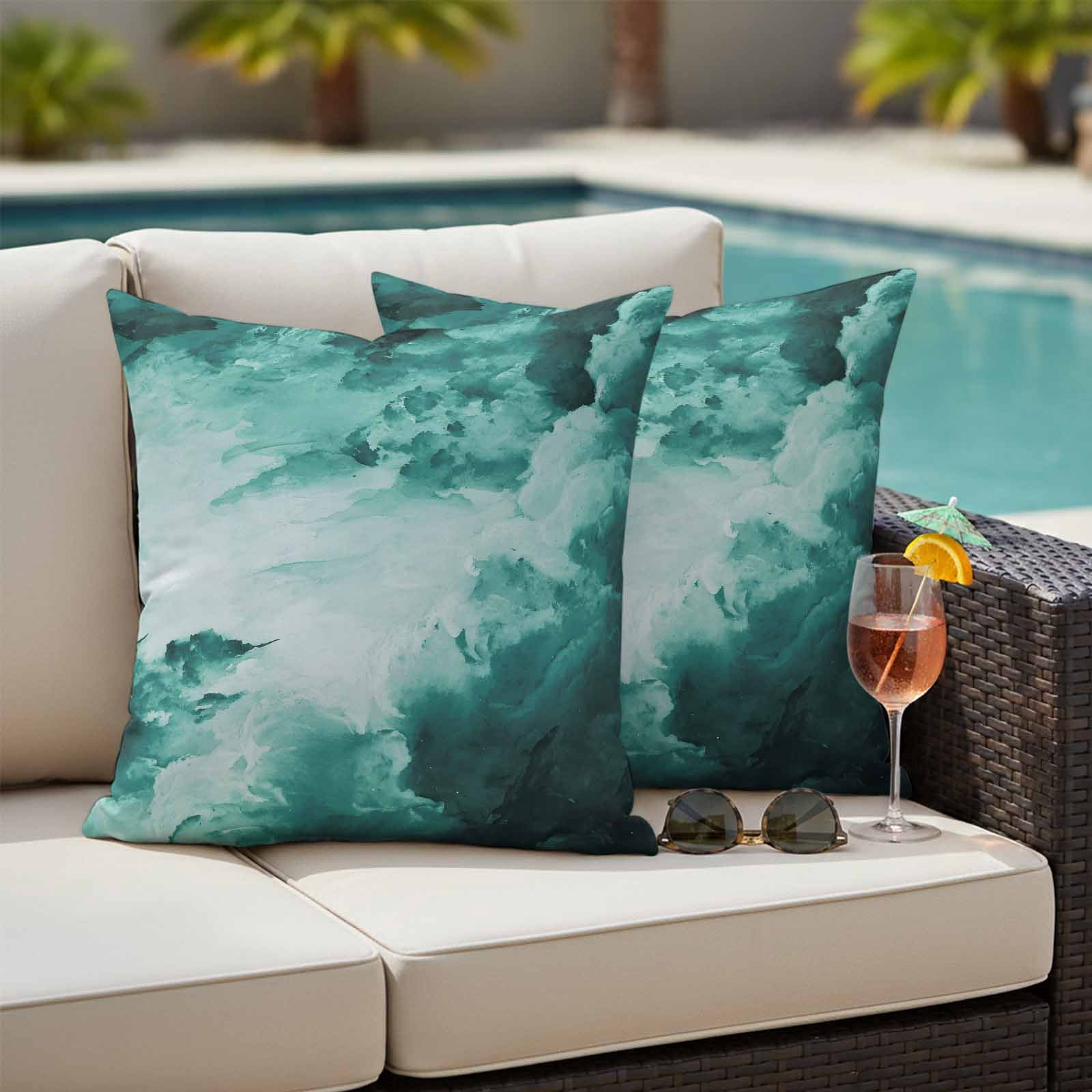 Teal Green Ombre Clouds Outdoor Waterproof Pillow Covers, Modern Abstract Gradient Cloud Decorative Square Throw Pillowcase Sofa Cushion Sham for Patio/Couch/Chair, 26"x26" 2 Pack
