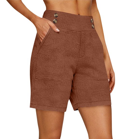 Erwazi Shorts for Women Solid Button Cotton Linen High Waist Knee Length Casual Shorts with Pocket