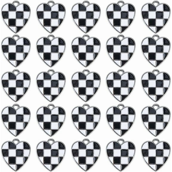 1 Box 30Pcs Checkered Charms Bulk Black and White Heart Charm Metal Enamel Hearts Love Chic Racing Flag Charms for DIY