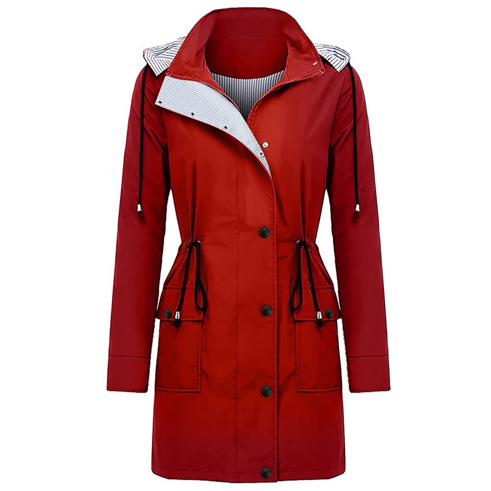 Women Solid Rain Outdoor Plus Size Waterproof Hooded Raincoat Windproof Windbreaker Jacket Pea Coat Trench 