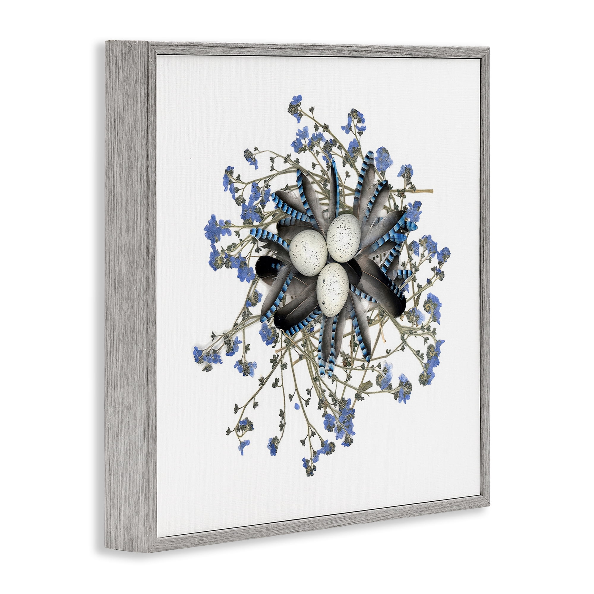 Stupell Industries Feathered Nest & Blue Florals Gray Framed Giclee Art, design by Beth Adoette