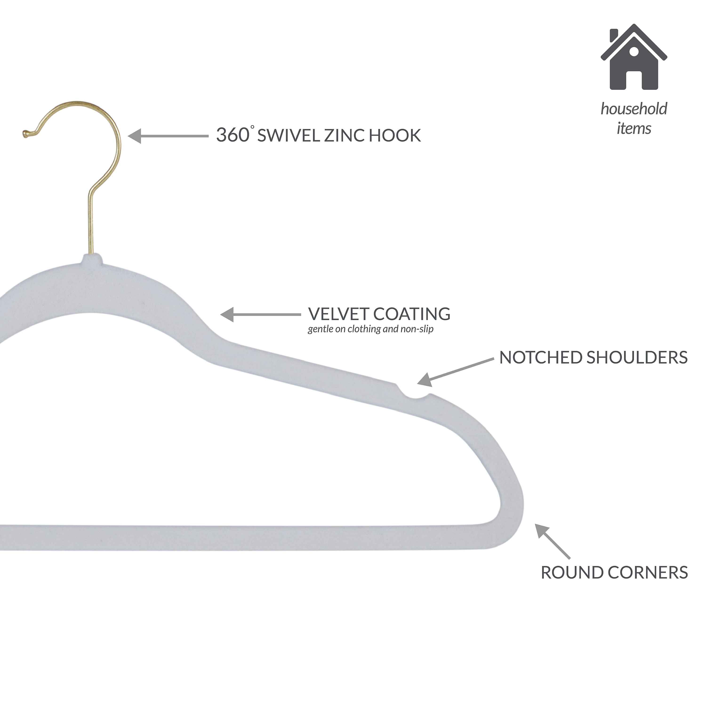 Simplify 25 Pack Slim Velvet Gold Hook Hangers in White