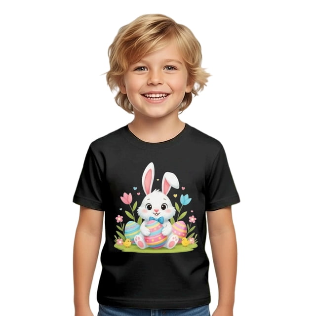 MIASHUI T-Shirts Graphiques de Pâques pour Garçons Manches Courtes Décontractées Douces Hauts Colorés pour Enfants Noir, 6-7 Ans