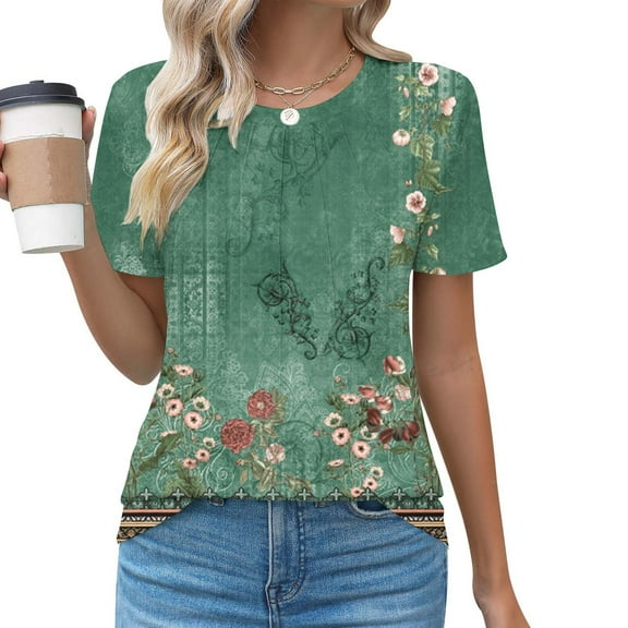 Women's Tshirts Short Sleeve Floral Print Tee Shirts Casual Summer Trendy Pleated Crewneck Dressy Tunic Tops (XL, Green 02)