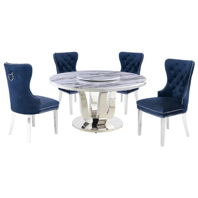 6pc. White Marble Dining Set with Lazy Susan and Silver Stainless Steel