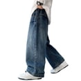 thumbnail image 4 of Spazoro Boys Denim Pants with Multi‑Pockets, Drawstring Heavyweight Wide Leg Vintage Wash Loose Fit Streetwear Baggy Trousers Blue Size 5-6, 4 of 9