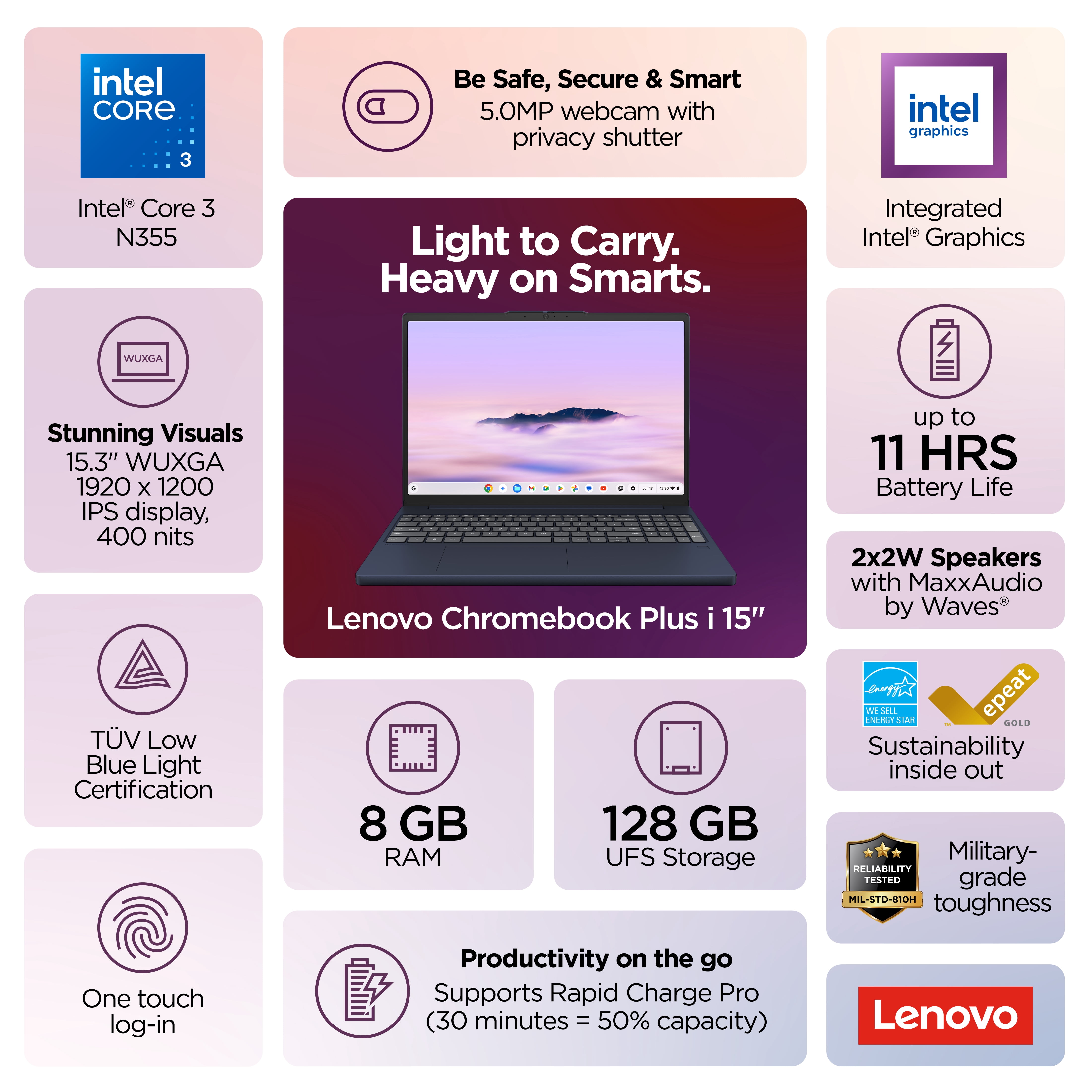 Lenovo Chromebook Plus i 15.3" Laptop, Intel Core 3, 8GB RAM, 128GB SSD, Cosmic Blue