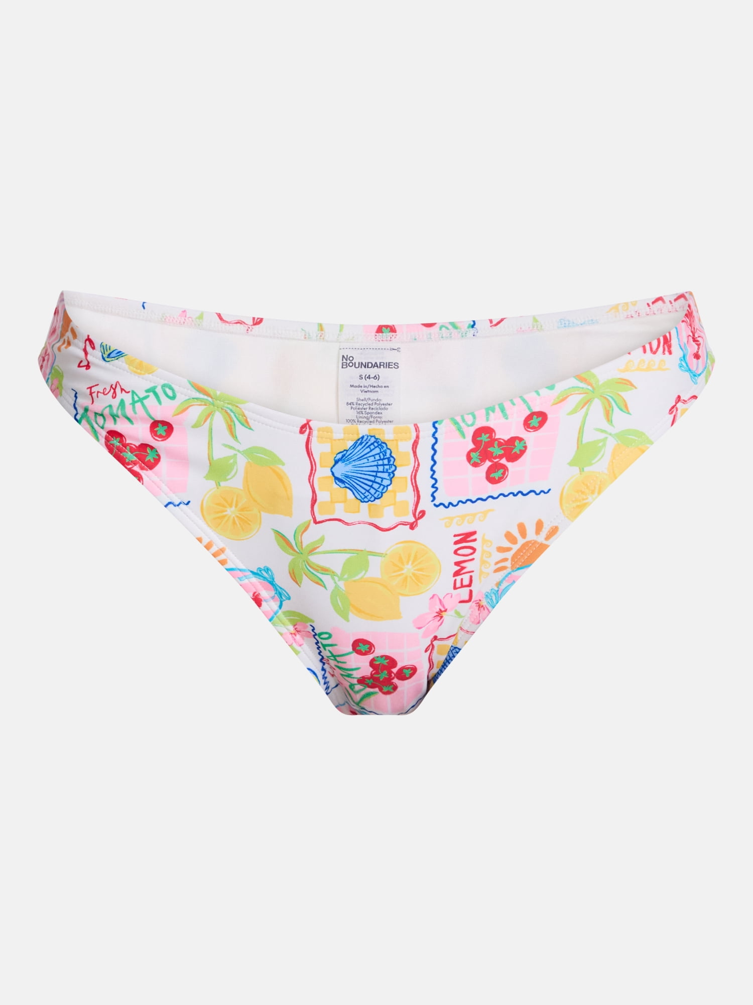 No Boundaries Multi Fruit Print High Leg Bikini Swim Bottoms, Women's XXS-XXL