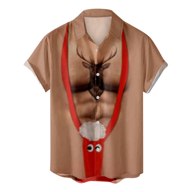 Camisas Navideñas Para Hombres Botones Casuales Estampado de Playa Turndown Blusa de Manga Corta Odeerbi ODB195116