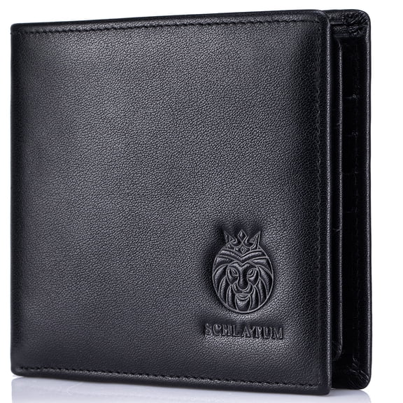 SCHLATUM Men's Genuine Leather Bifold Wallet - RFID Blocking with 11 Card Slots, Black