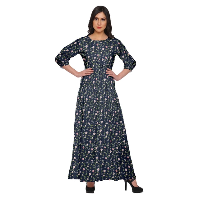 Moomaya Robe Longue Maxi Imprimée à Col Rond, Manches 3/4, avec Taille à Cordon