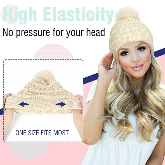 FGERFE-Hat Wig Beanie Hat with Hair Long Wavy Extensions Knit Pom Pom Hat Attached 20" Synthetic Removable Hairpiece for Women Winter Natural Black