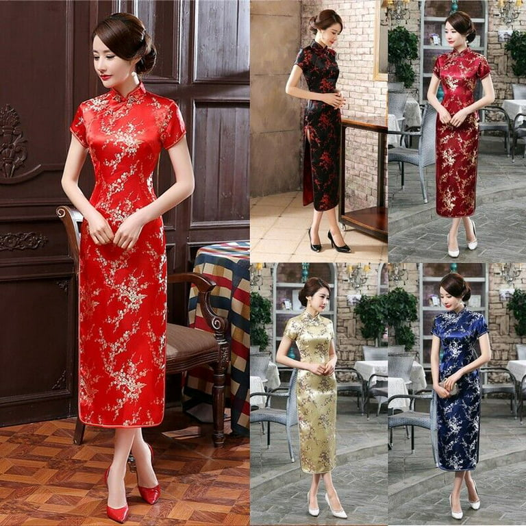 Chinese Traditional Women Long Qipao Cheongsam Wedding Evening Party Split  Dress 