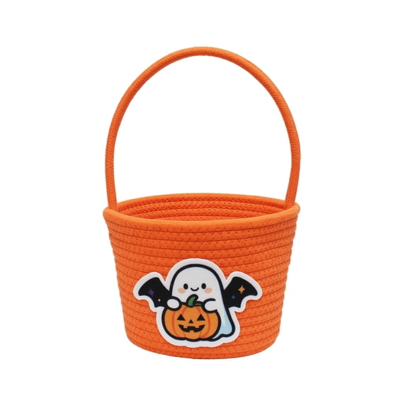 Pumpkin Storage Basket | Woven Cotton Rope Toy Organizer Bin | Cute Halloween Candy Bowl, Trick or Treat Bag, Boo Gift, Stuffer Filler | Multipurpose Basket with Handles for toddler, baby & Kids