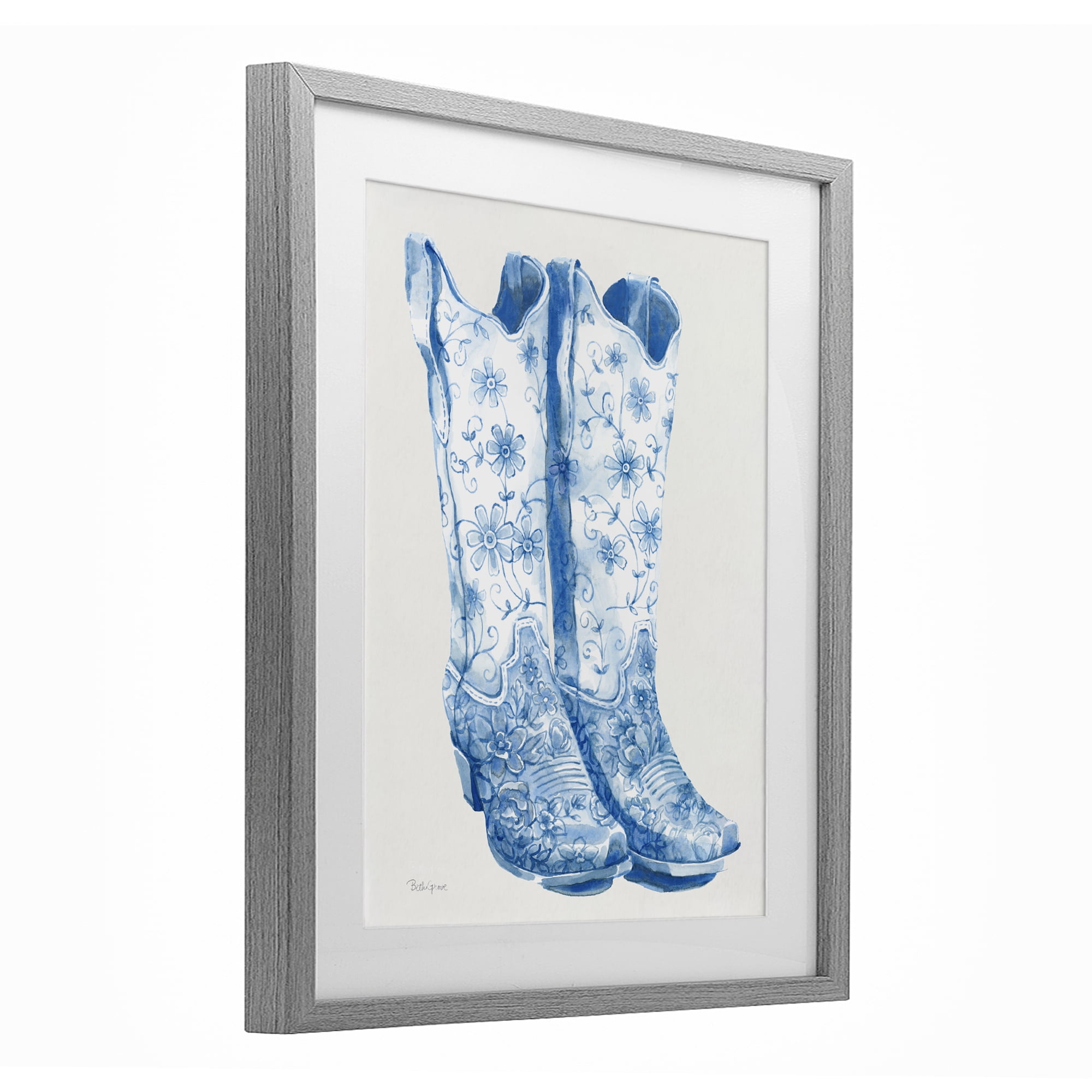 Stupell Industries Blue Boots with Floral Embroidery Gray Framed Print Under Glass, design by Beth Grove