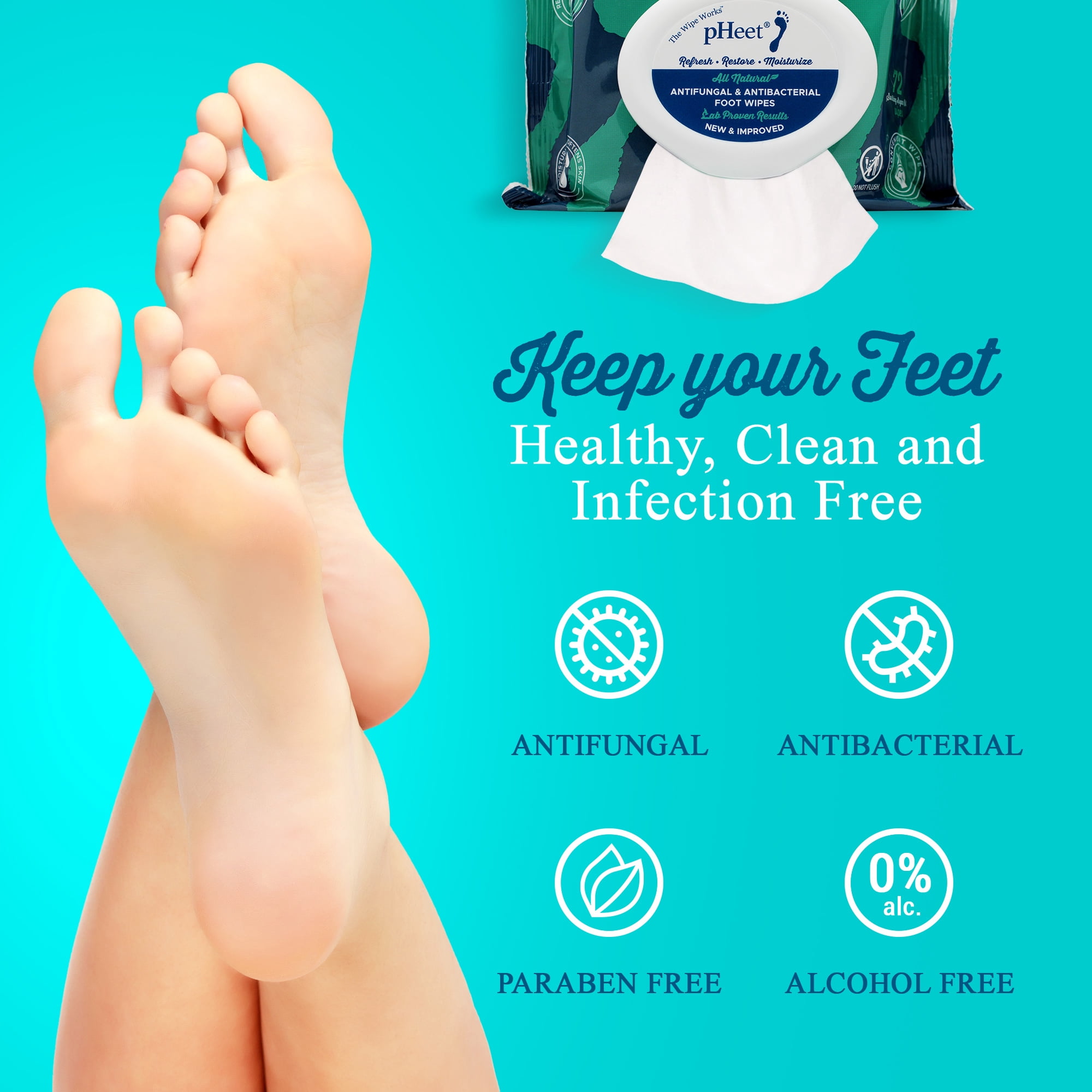 pHeet® Foot Wipes - Stops Burning & Itching, All-Natural, Cleanses, Moisturizes, Improves Dry, Cracked & Flaky Skin 72ct