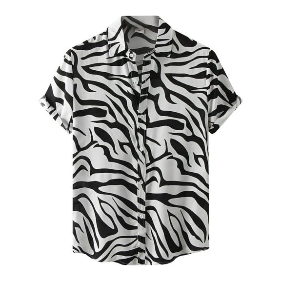 Inglocry Men's Hawaiian Zebra Print Shirt Button Up Short Sleeve Collar Animal Print Shirt Tops Cheetah Print Tops Zebra L