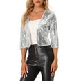 thumbnail image 4 of INSPIRE CHIC Women's Sequin Shrug 3/4 Sleeve Open Front Glitter Short Jackets XS Silver, 4 of 6