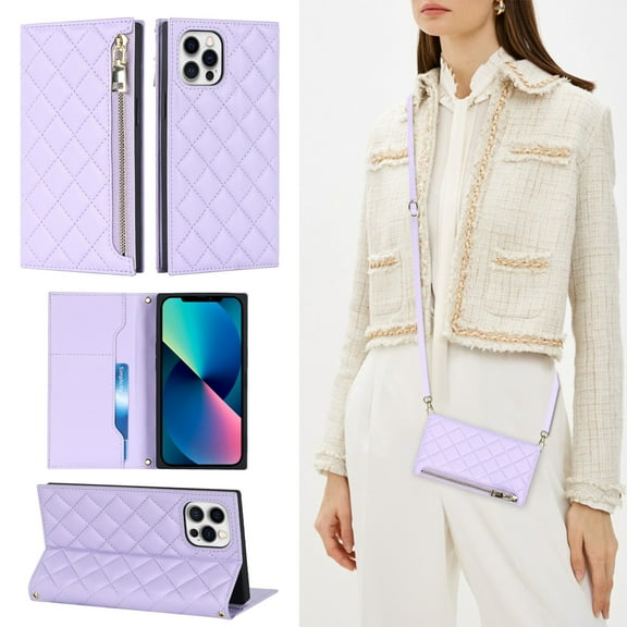 Crossbody Bag Wallet Case for iPhone 12 Pro Max,Shockproof Luxury PU Leather Zipper Pocket Magnetic Closure Folio Card Slot Flip Kickstand Phone Case with Shoulder Strap,Purple