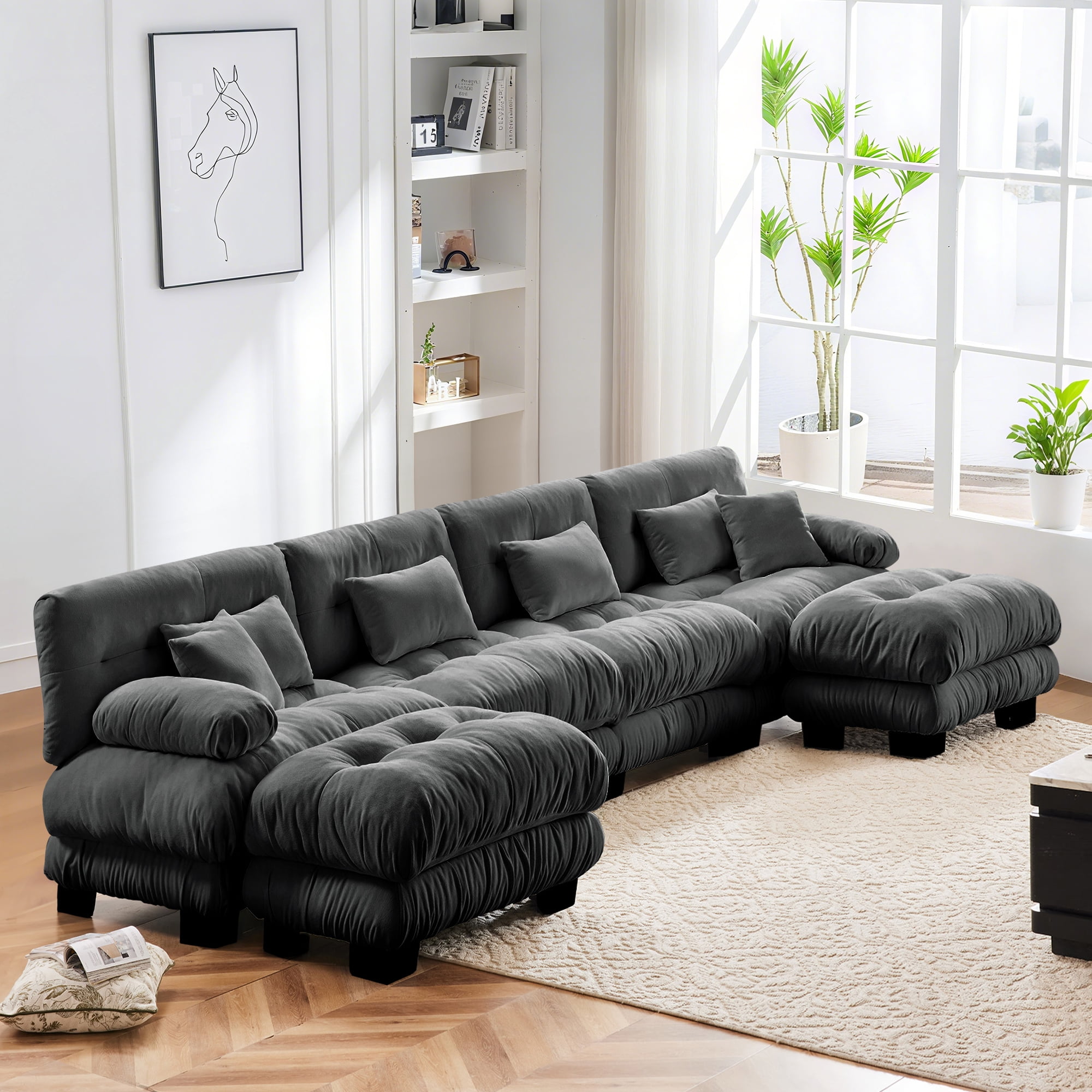 FFH 173.2" Modular Sectional Sofa, U Shaped Couch for Living Room, 4-Seater Comfy Cloud Couch with Deep Seat (Chenille Dark Gray, 4 Seater with 2 Ottomans)