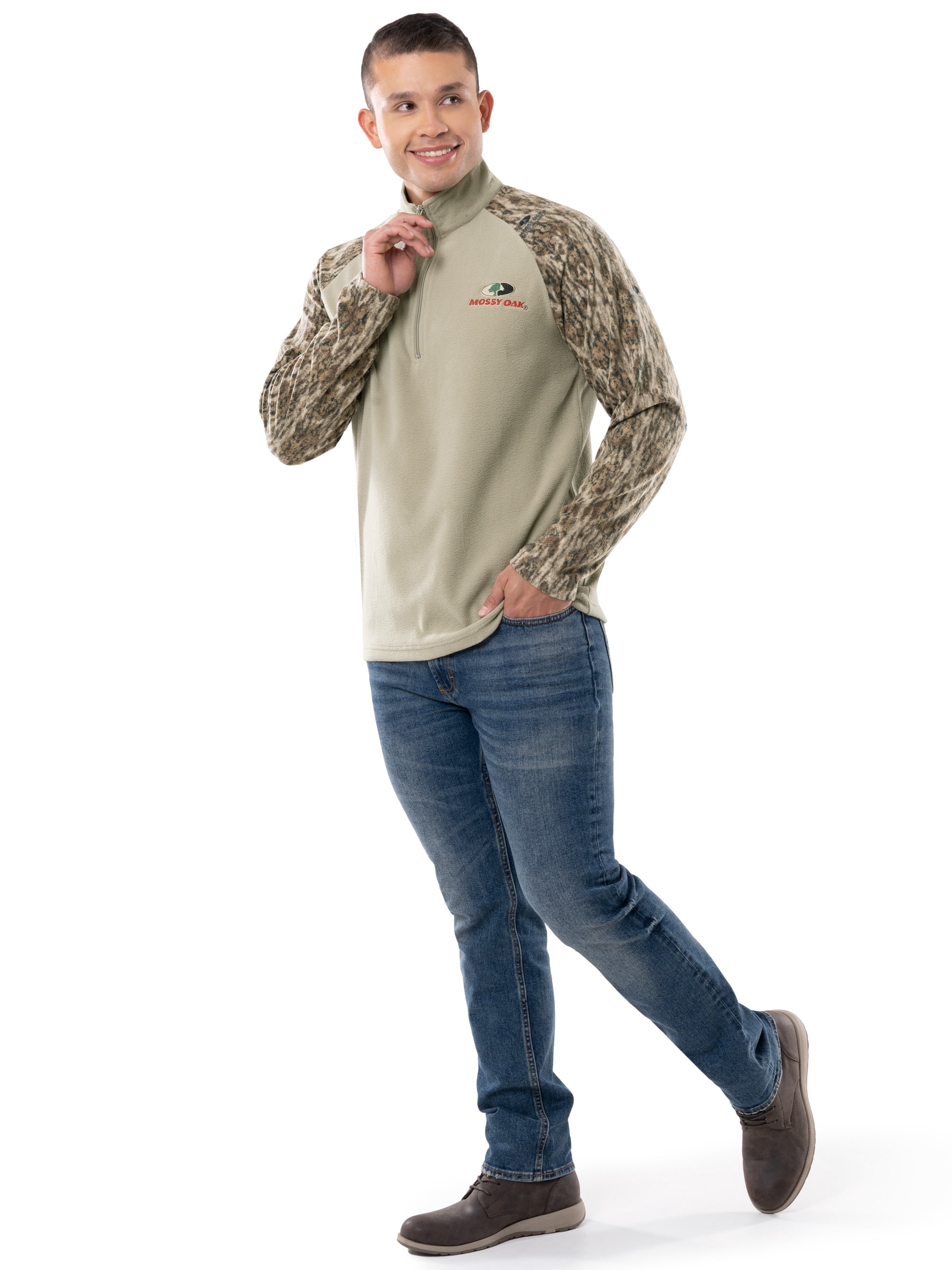 Mossy Oak Men's Raglan Long Sleeve Quarter Zip Fleece Pullover Hunting Shirt, Size Small to 2XL