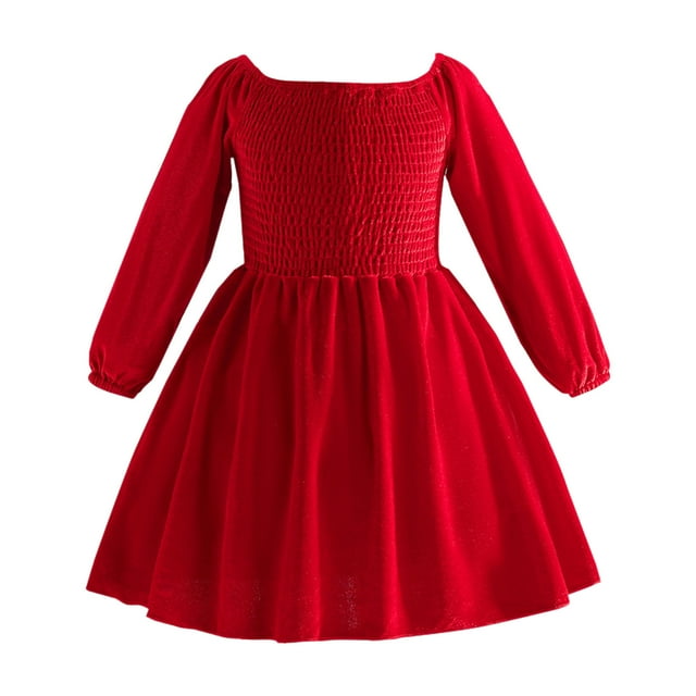 GDREDA Robe d'Été Mignonne pour Filles Tout-Petits, Robe de Noël à Manches Longues, Couleur Unie, Volants, Robe de Fête Dansante, Vêtements Rouges, 3-4 Ans