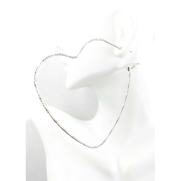 Heart Hoop Earrings Textured Large 3.25 inch Hypo-Allergenic Silver Tone