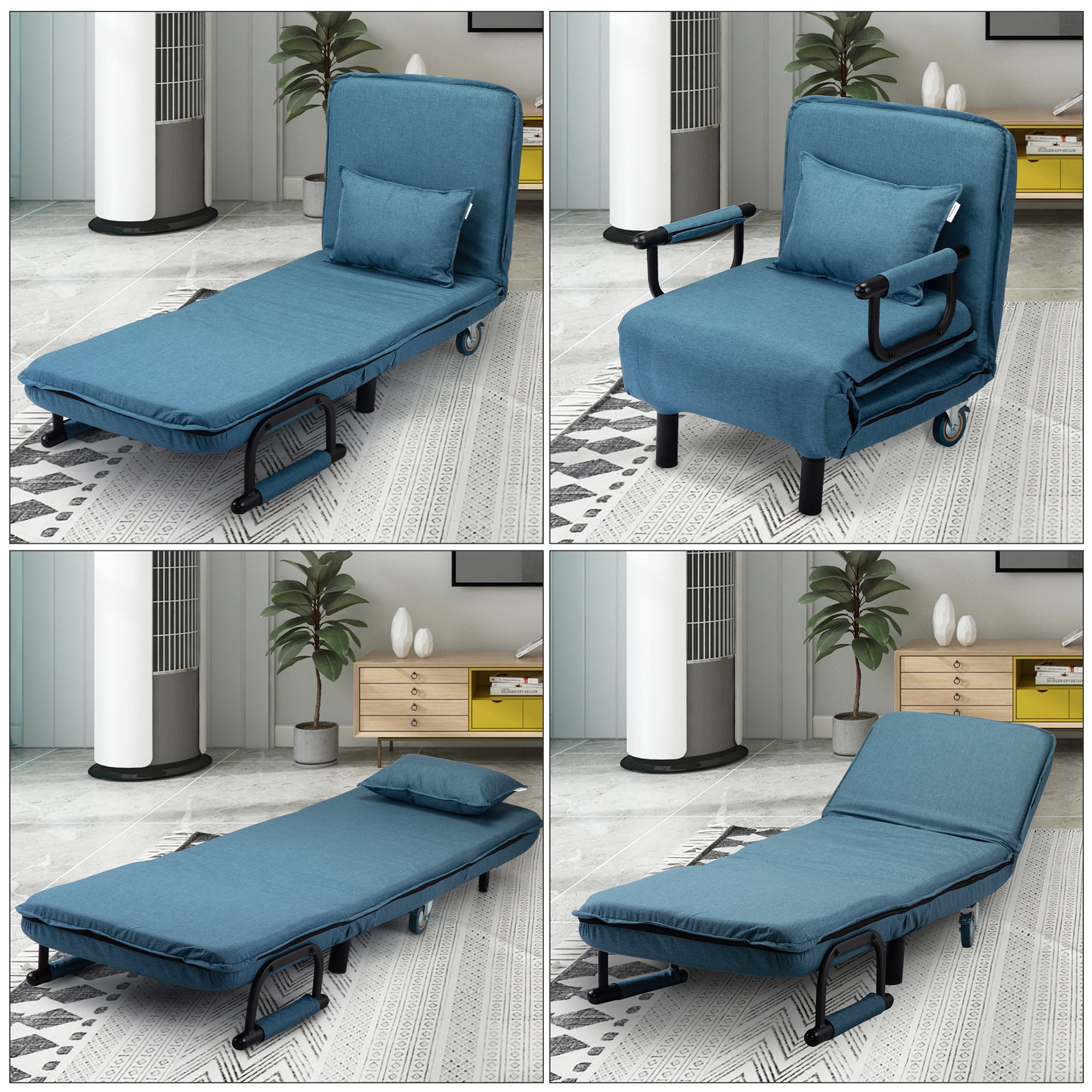 Jaxpety Sofa Bed Folding Sleeper Convertible Chair Lounge Couch with Armrest and Pillow Blue Walmart