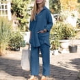 thumbnail image 6 of Hvyesh Women 2 Piece Cotton Linen Outfit Casual Long Sleeve V Neck Shirts and Wide Leg Pants Sets Tracksuits, 6 of 8