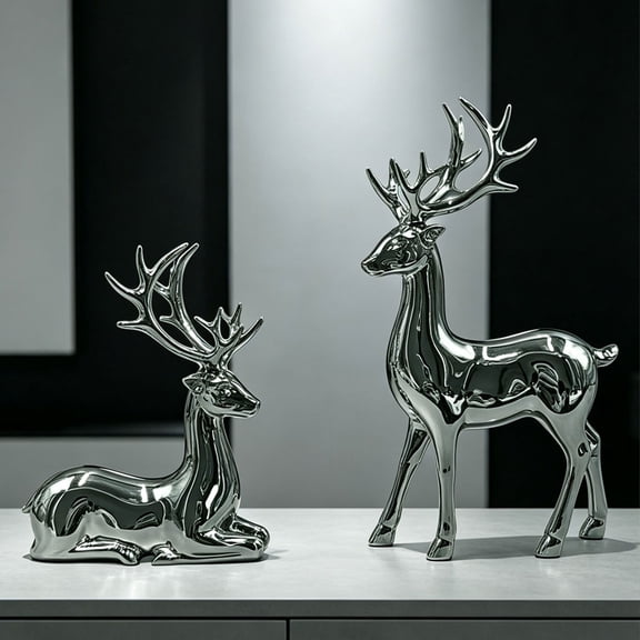 2Pcs Resin Reindeer Statue Small Christmas Seated And Standing Deer Figurine, Reindeer Ornaments For Living Room, Wine Cabinet, Display Stand, Bedroom, Office Desktop