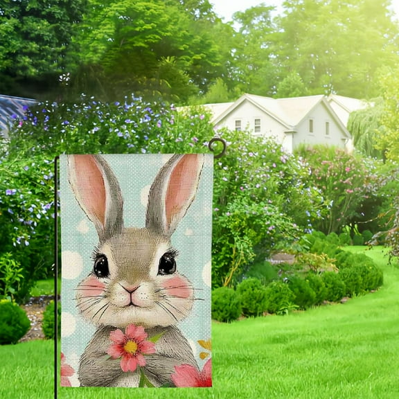 Bunny Garden Flag Dot Spring Easter Rabbit with Tulips Flowers and Carrots Flags Spring Summer Farmhouse Seasonal Outdoor Flag