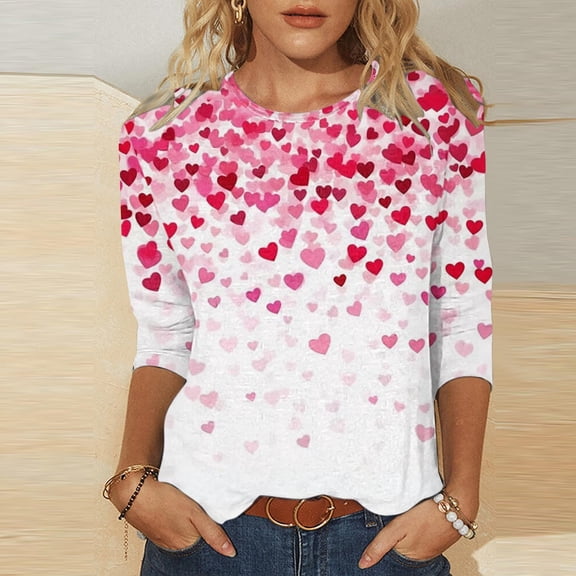 mihongmao Valentine Tops for Women Round Neck Ladies' Casual Day Printed Round Neck Three Quarter 3/4 Sleeve T-shirt Loose Top Quarter Round Neck Top/shirt Multicolor 4X