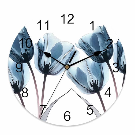 Wall Clock 14 Inch Blue Watercolor Tulip Floral Round Silent Decorative Wall Clocks Battery Operated for Living Room Bedroom Kitchen Classroom Decor, Abstract Botanical Flower,Large