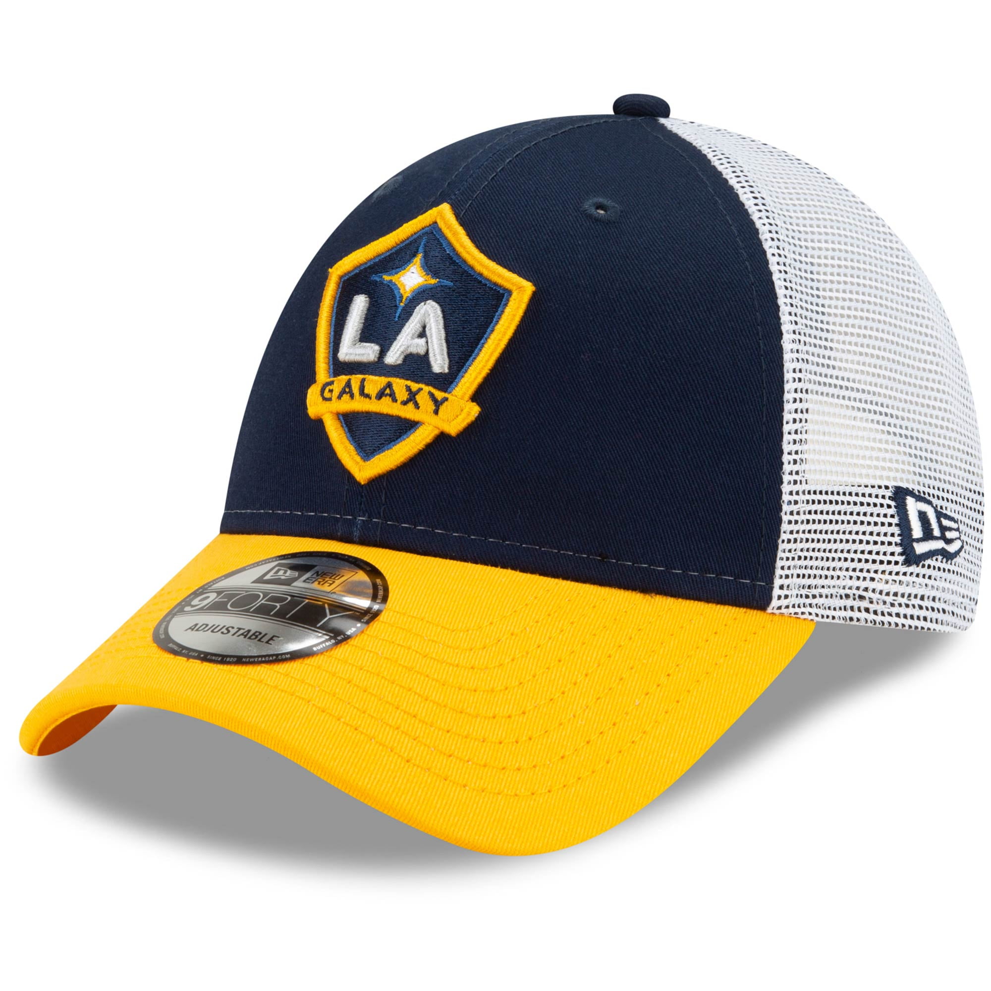 Men's New Era Navy LA Galaxy Circle Side Patch Trucker 9FORTY Snapback Hat - OSFA