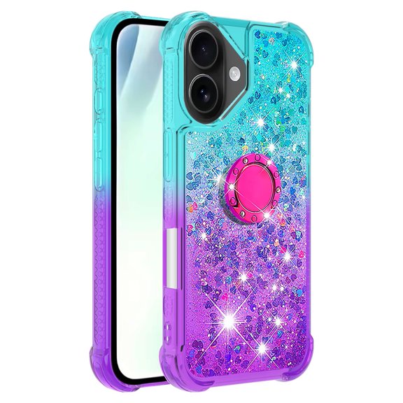 Phone Case for iPhone 17 Case with Ring Kickstand, Cute Glitter Bling Sparkle Quicksand Flowing Liquid Clear Gel Silicone ShockProof Cover for iPhone 17 Girls-B1