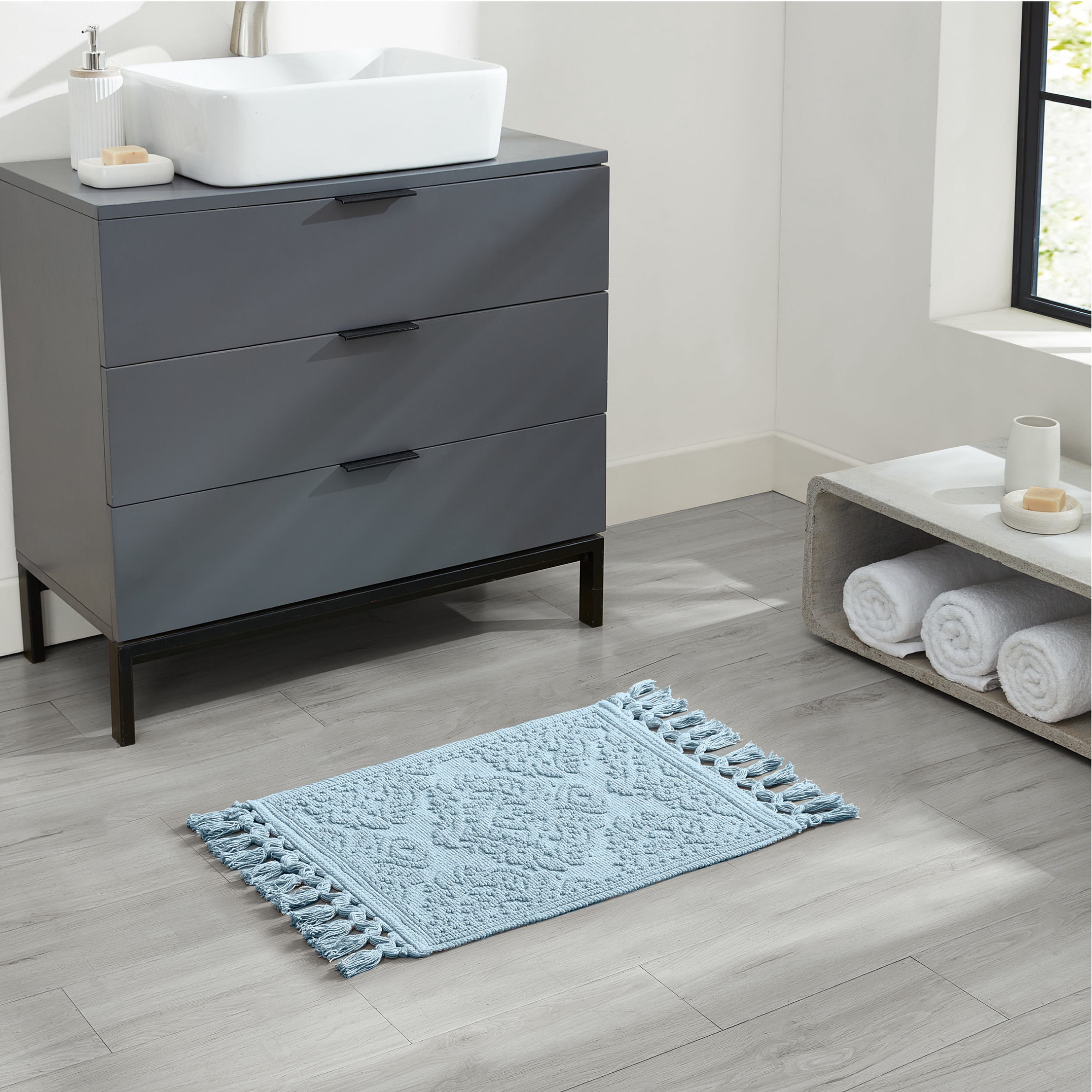 Jean Pierre Ricardo Cotton Fringe 2-Piece Bath Rug Set, Light Blue