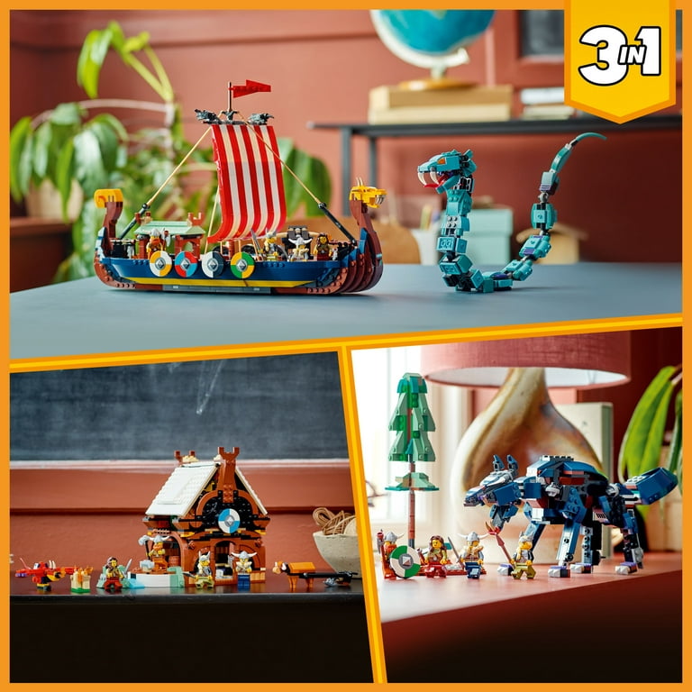 LEGO Creator 3 in 1 Viking Ship and the Midgard Serpent, Transforms from  Amazing Ship to Viking House or Fenris Wolf Figure, Gifts for Kids, Boys,  and Girls, 31132 