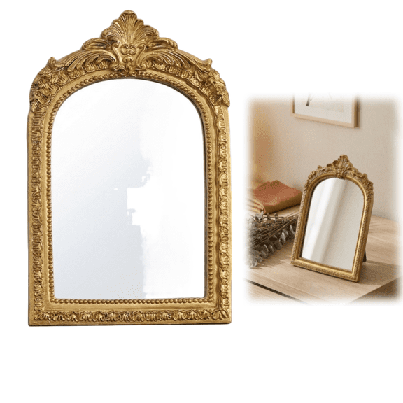 Small Gold Vintage Vanity Desk Makeup Mirror 7 x 4.7 in Antique Decorative Wall Mirror,Resin Carved Arch Table with Stand for Living Room,Bedroom Dresser,Desktop Decor